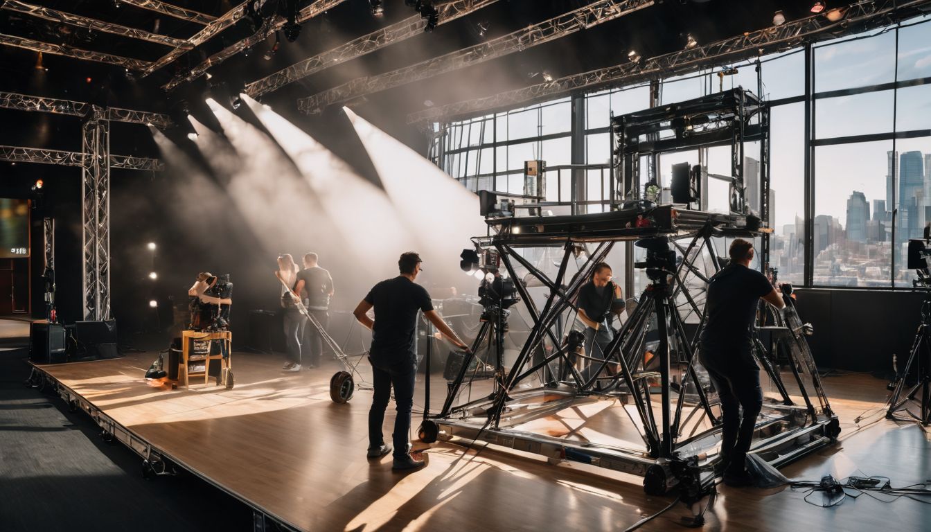 A team setting up stage trusses with lighting and sound equipment.