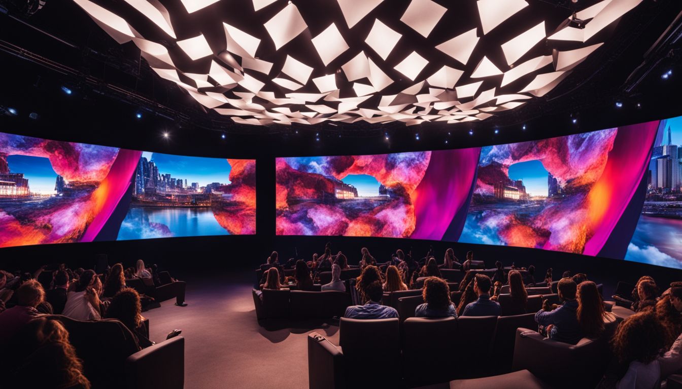 An adjustable LED screen displaying custom visuals in a theater setting.