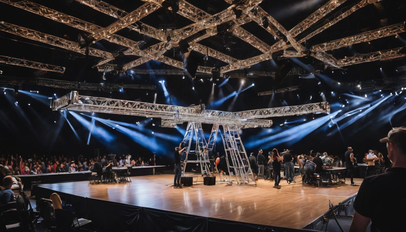A team is assembling a truss system in a versatile event space.