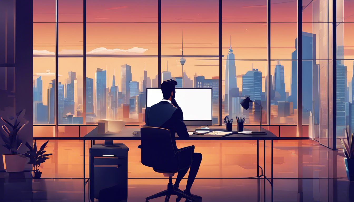 Een ondernemer werkt in een modern kantoor, met uitzicht op de stad.