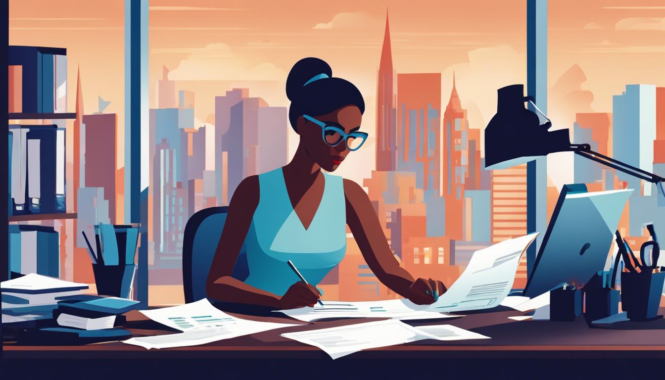 Een zakenvrouw concentreert zich op het ordenen van financiële documenten op haar bureau.