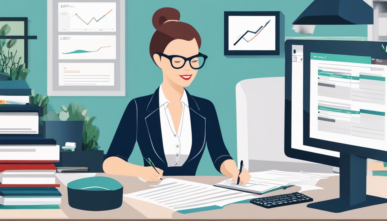 Een vrouwelijke kleine ondernemer werkt aan de boekhouding op haar georganiseerde bureau.