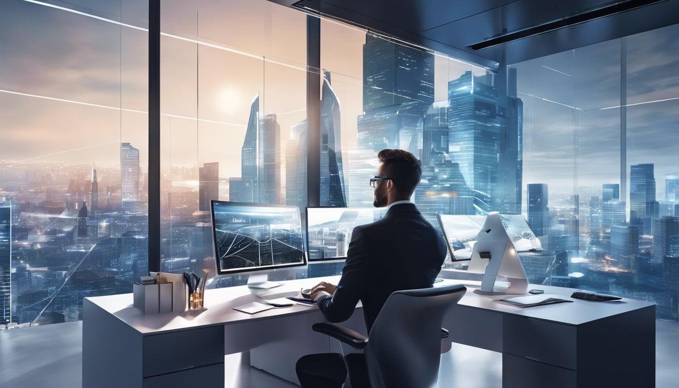 Iemand organiseert digitale bestanden in een gestructureerde virtuele omgeving in een modern kantoor met uitzicht op de stad.