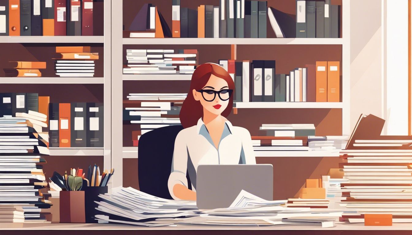 Een vrouw organiseert financiële documenten in een nette kantoorruimte.