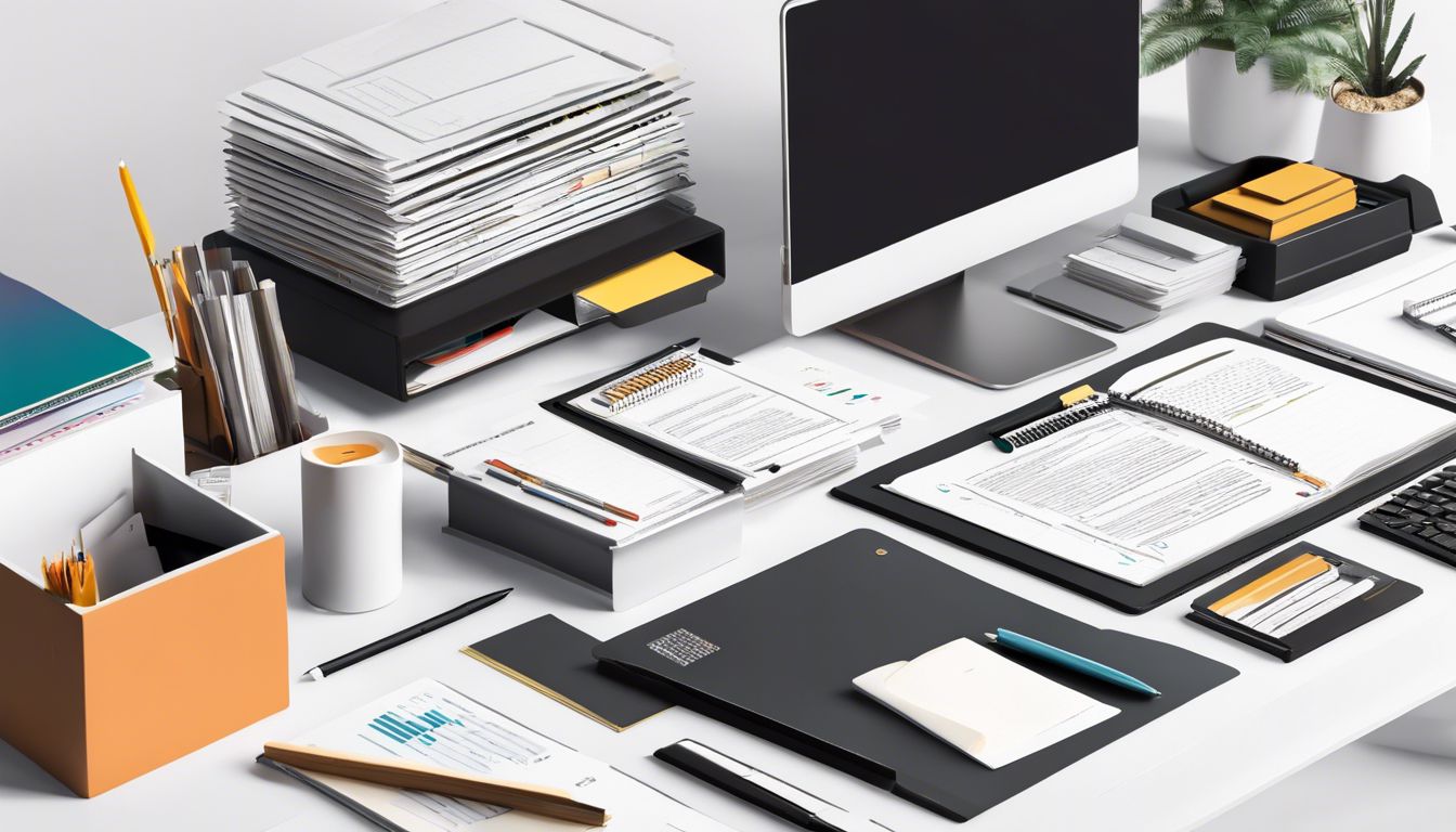 Persoon organiseert papierwerk op net bureau, toont georganiseerde chaos en productiviteit.