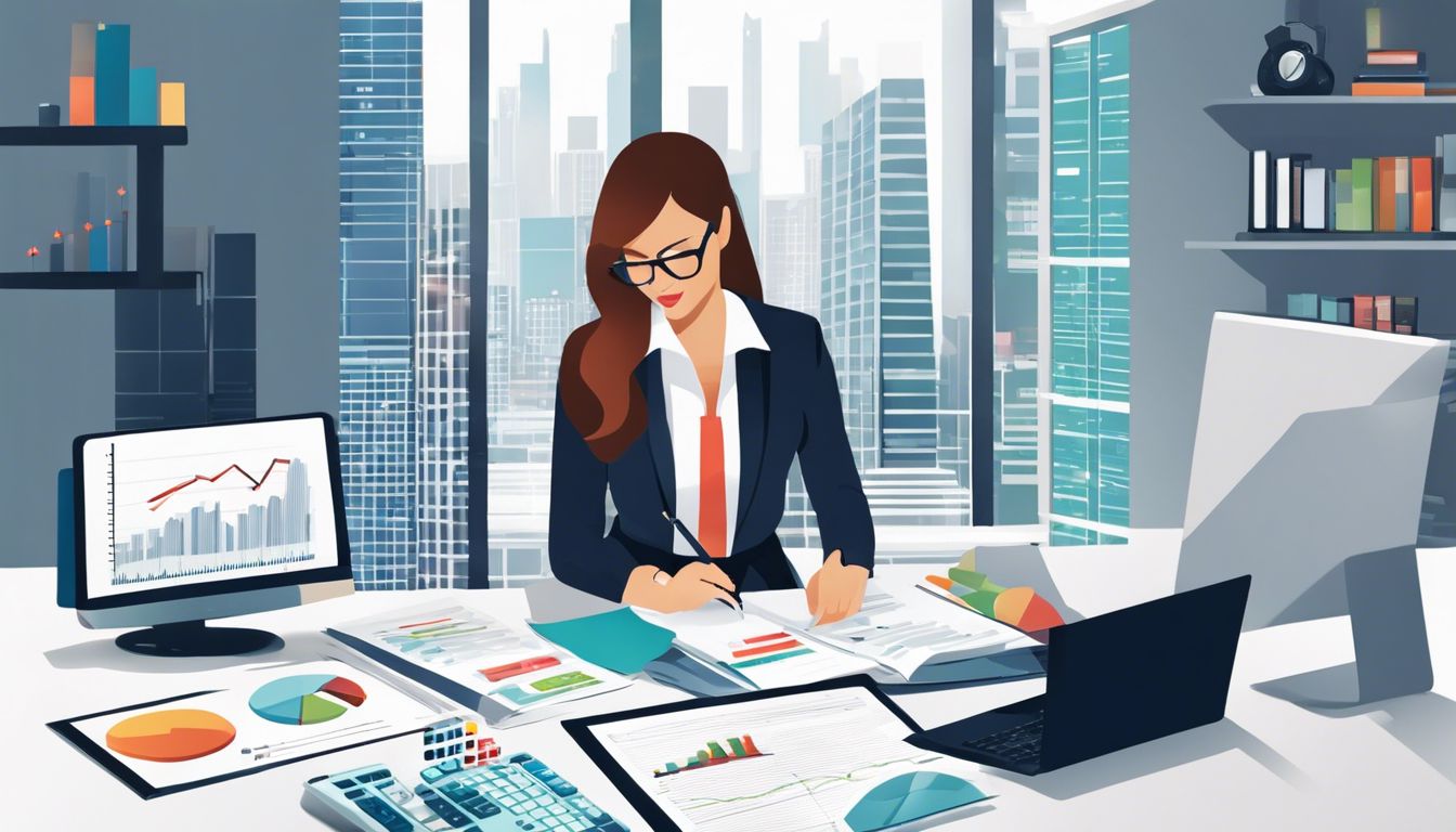 Een zakenvrouw berekent financiële gegevens in een moderne kantooromgeving.