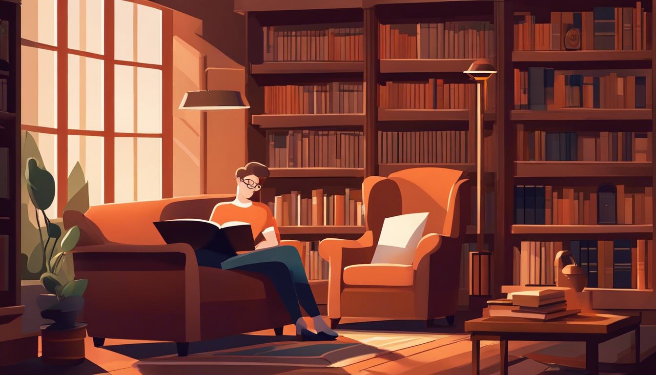 Een persoon leest een Nederlands grammaticaboek in een comfortabele bibliotheek.