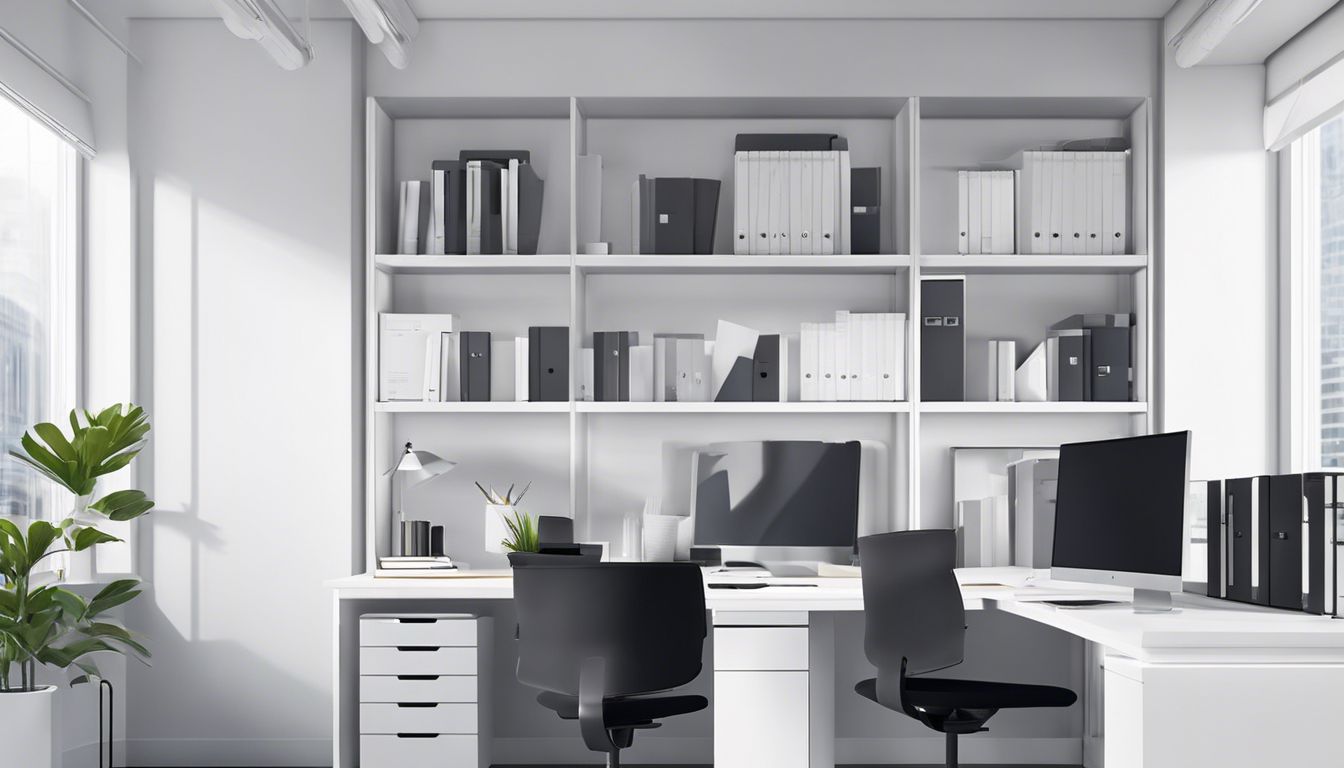 Een zakelijke professional organiseert bestanden in een moderne kantooromgeving.