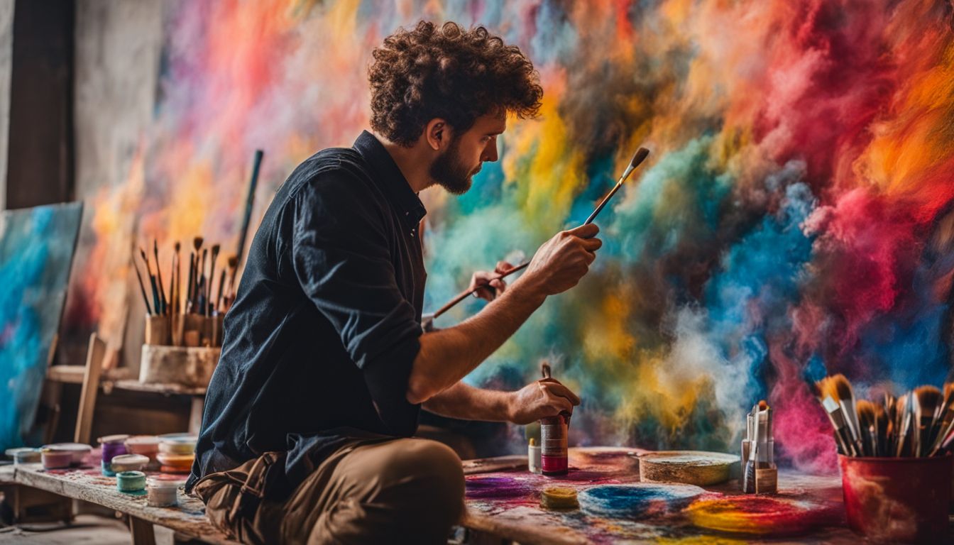A painter creating a scenic backdrop in a theater with vibrant colors.