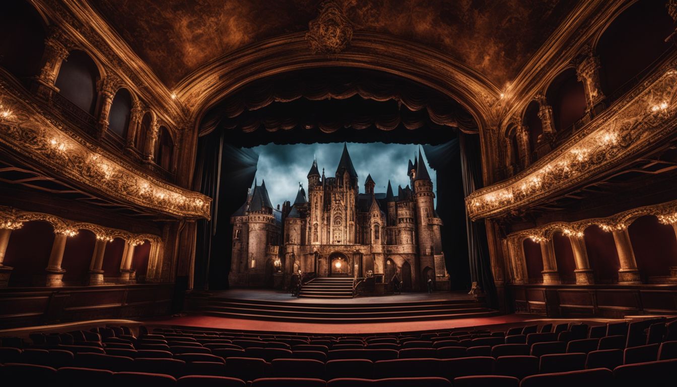 A vintage theater stage with a gothic castle backdrop and diverse actors.