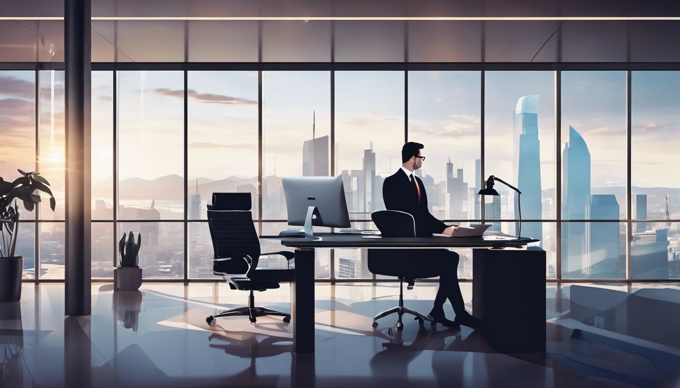 Een zakenman analyseert financiële documenten in een modern kantoor met stadsuitzicht.