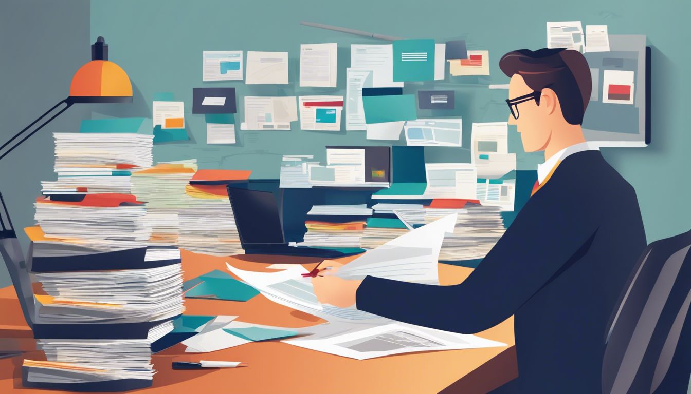 Een persoon organiseert financiële documenten op een rommelig bureau.