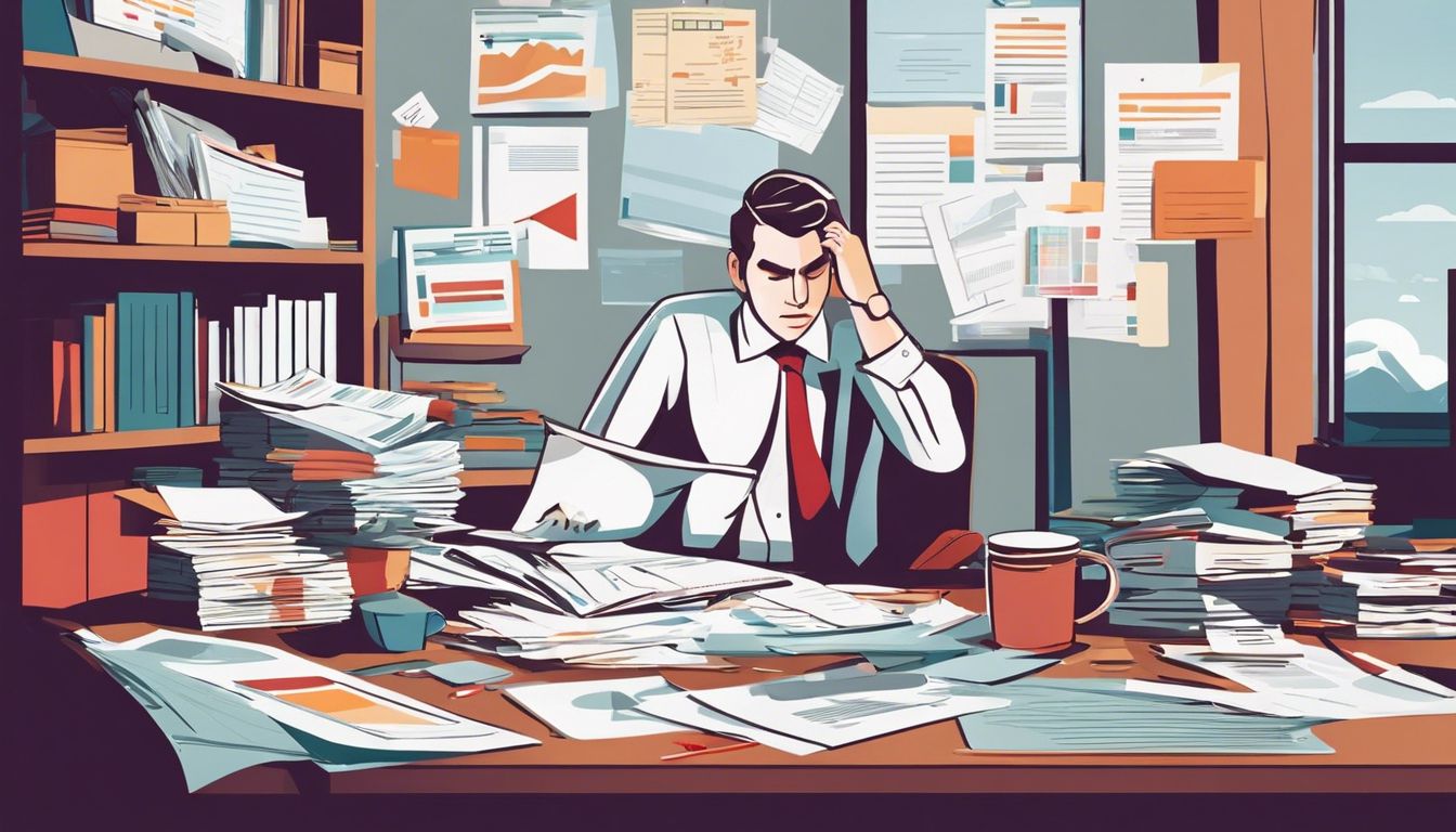 Een persoon zit gestrest aan een bureau omgeven door financiële documenten.