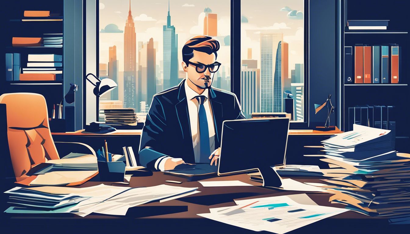 Een professional in een modern kantoor met intense focus op financiële documenten.