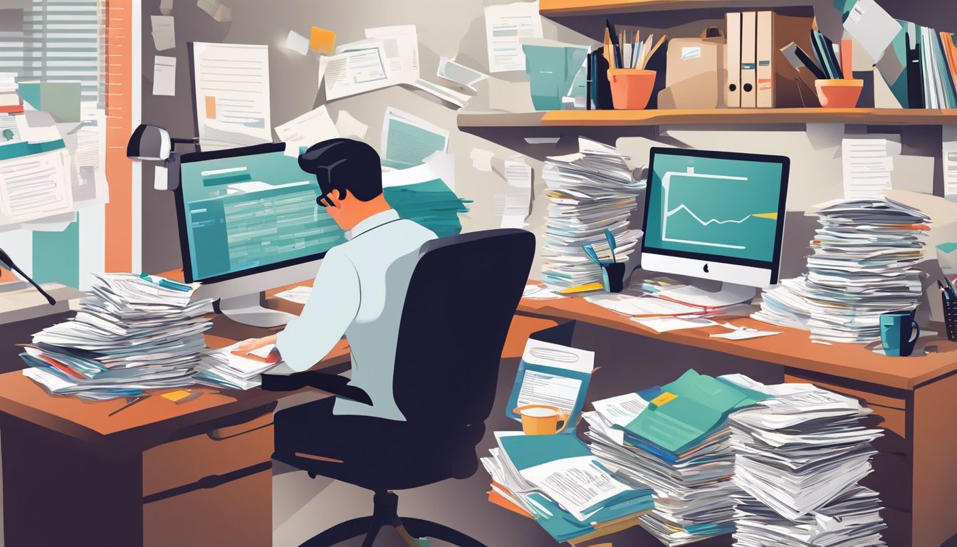 Een persoon organiseert financiële documenten op een rommelig bureau in een kantooromgeving.