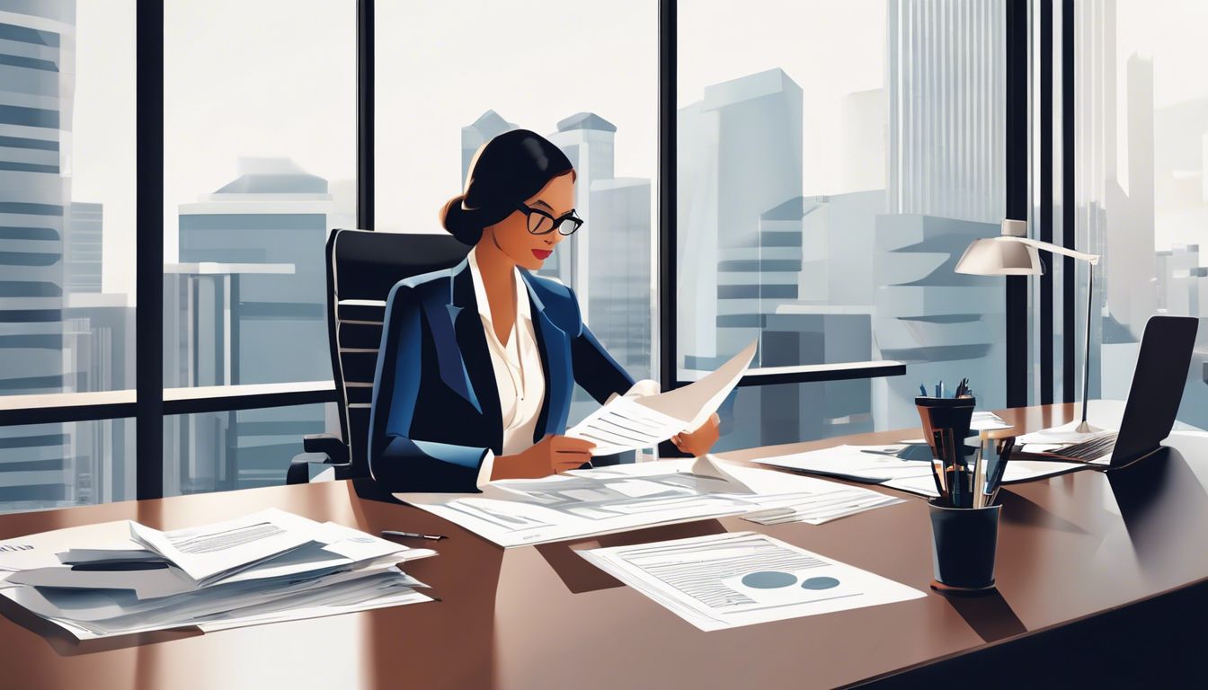 Een professionele vrouw bekijkt financiële documenten in een modern kantoor.