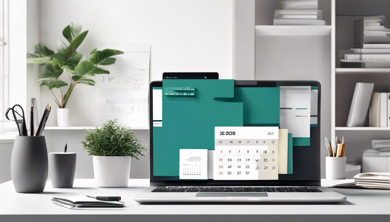 Een opgeruimd bureau met financiële documenten, een kalender en een laptop.