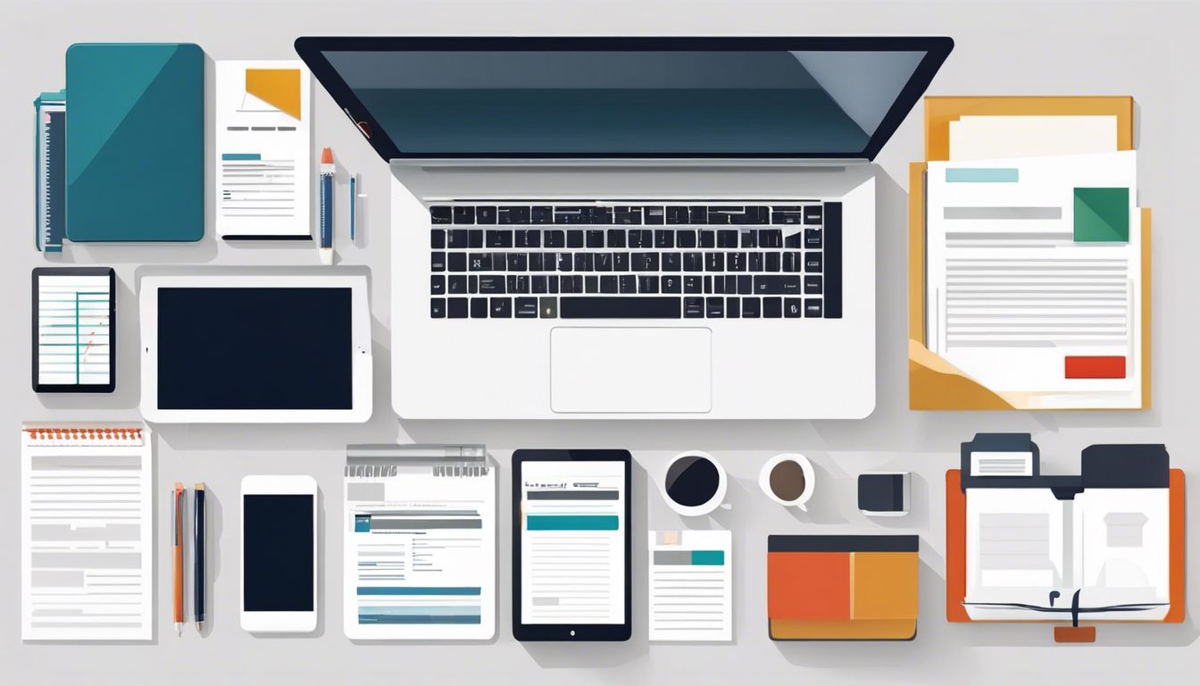 Een netjes georganiseerd bureau met financiële documenten en een laptop in een professionele kantooromgeving.