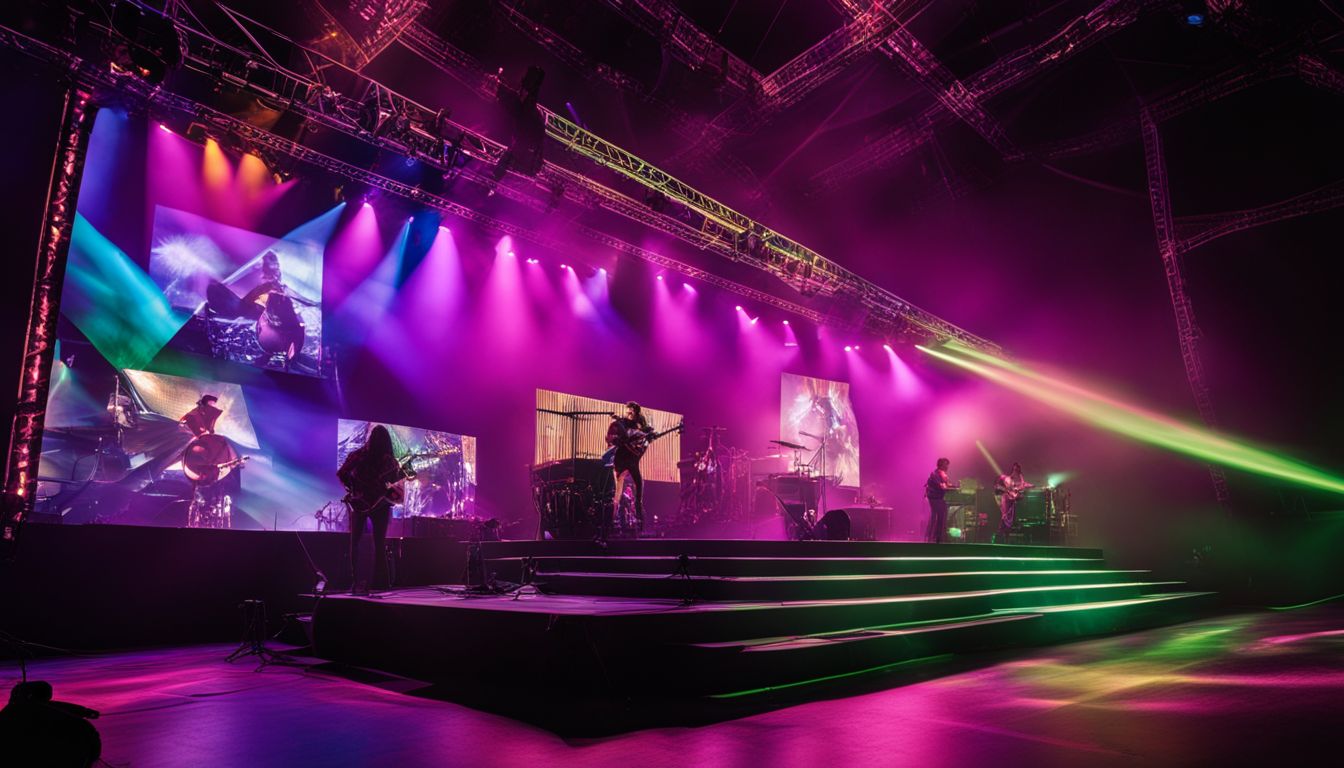 A dynamic stage truss with colorful lights, <a href=
