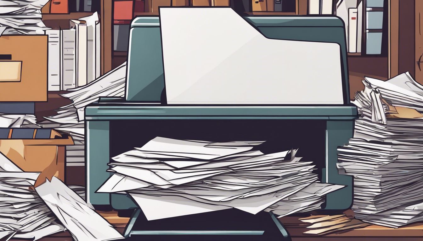 Een versnipperaar machine omringd door stapels oude documenten in een kantooromgeving.