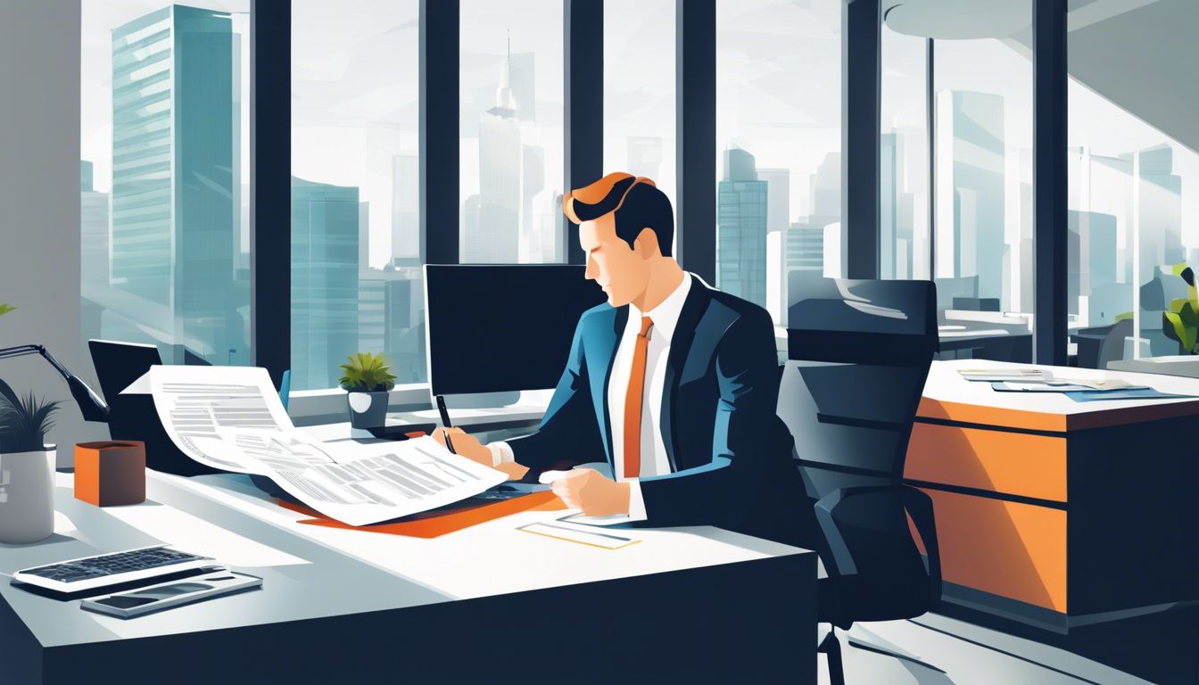 Een bedrijfseigenaar bekijkt financiële documenten in een modern kantoor.