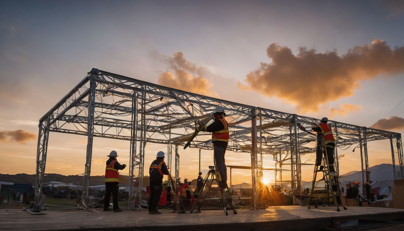 A team of workers dismantling truss equipment at an event venue.
