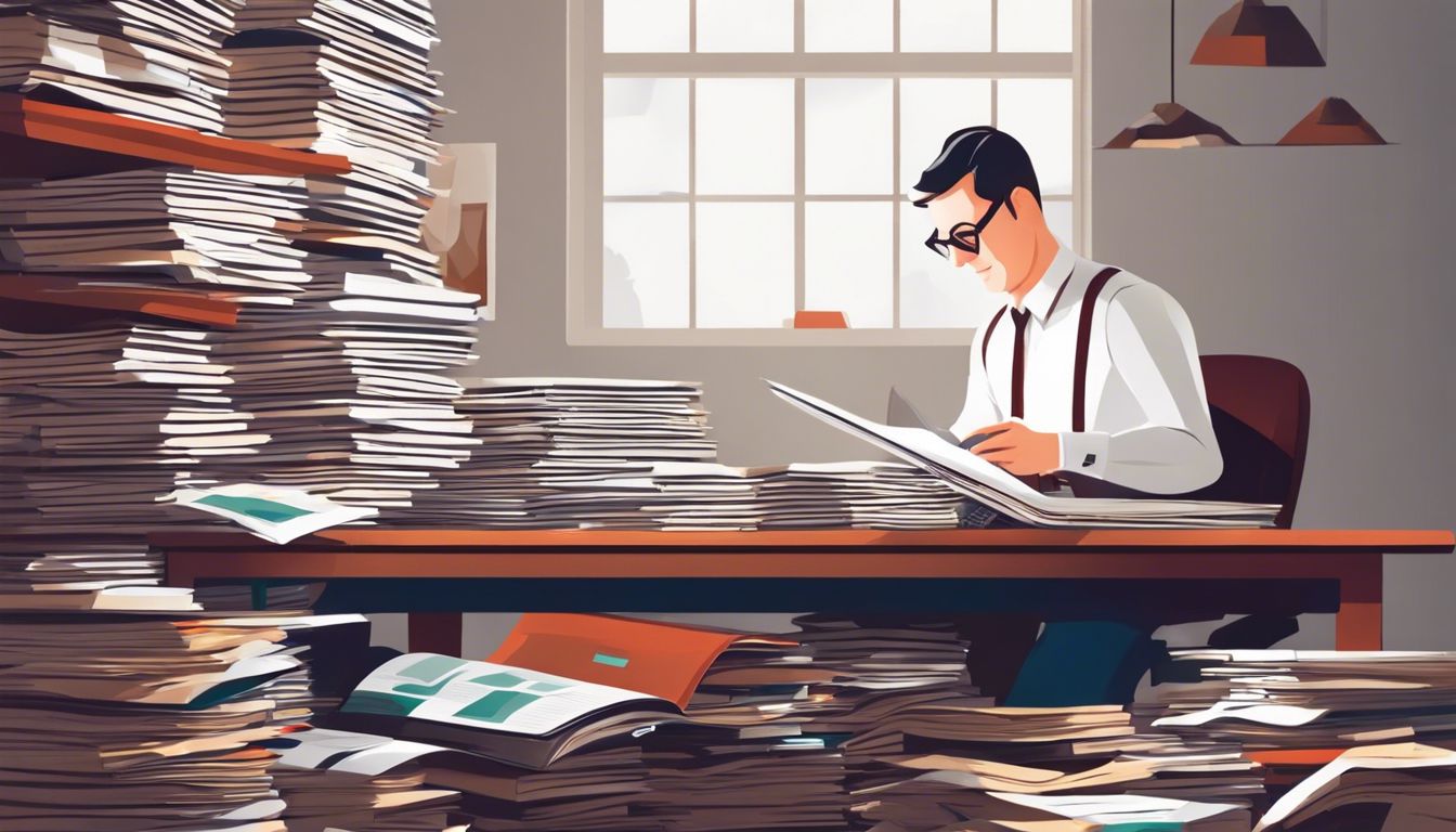 Een persoon raadpleegt een grote boekhoudkundige boek met stapels papieren en een rekenmachine op het bureau, benadrukt de chaotische en overweldigende werklast.