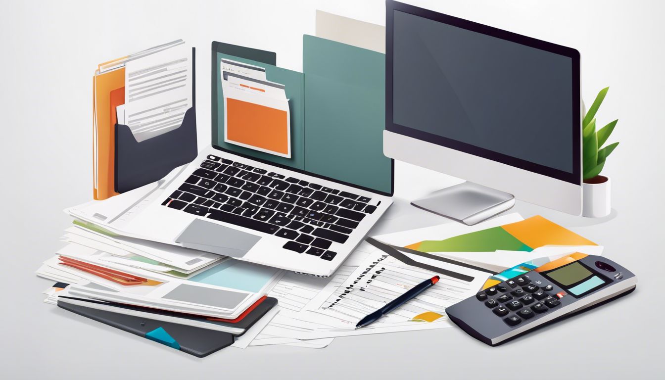 Een goed georganiseerd bureau met een rekenmachine, financiële documenten en een laptop.