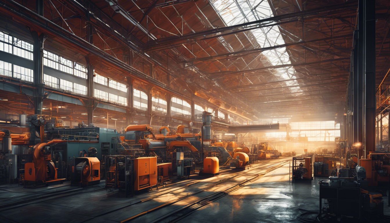Een drukke, industriële fabriek vol met machines en werknemers.
