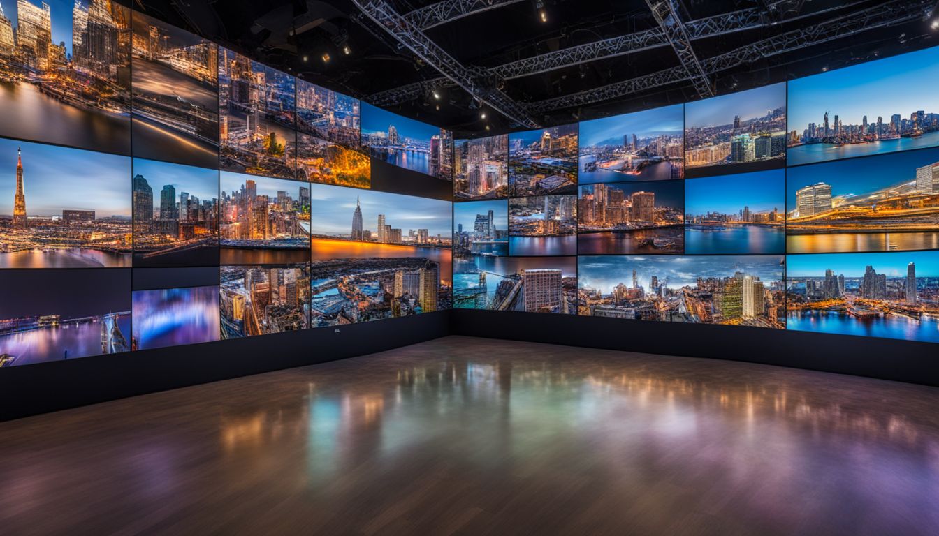 A large video wall displays live feeds at a corporate event.