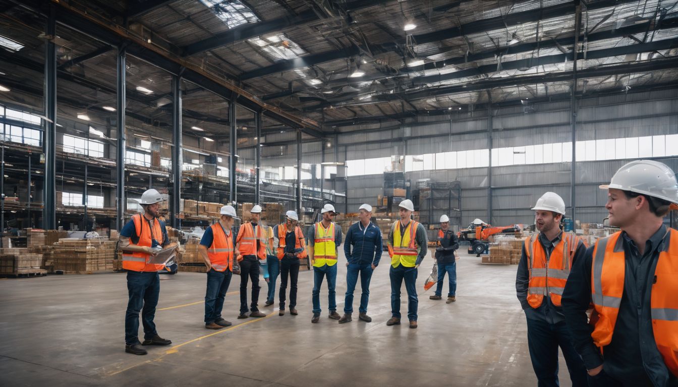 A team of engineers inspect and test aluminum trusses in a warehouse.