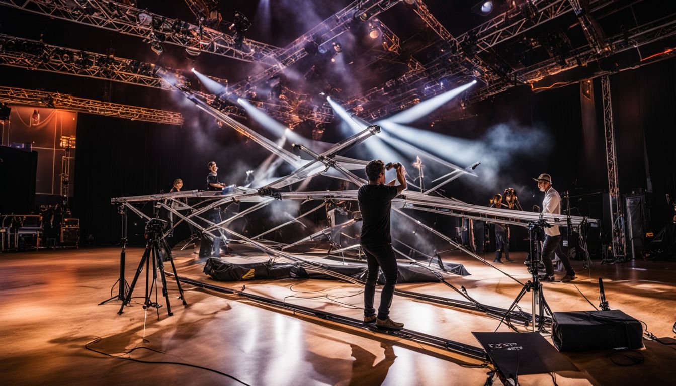 A professional setting up truss rental equipment on a stage.