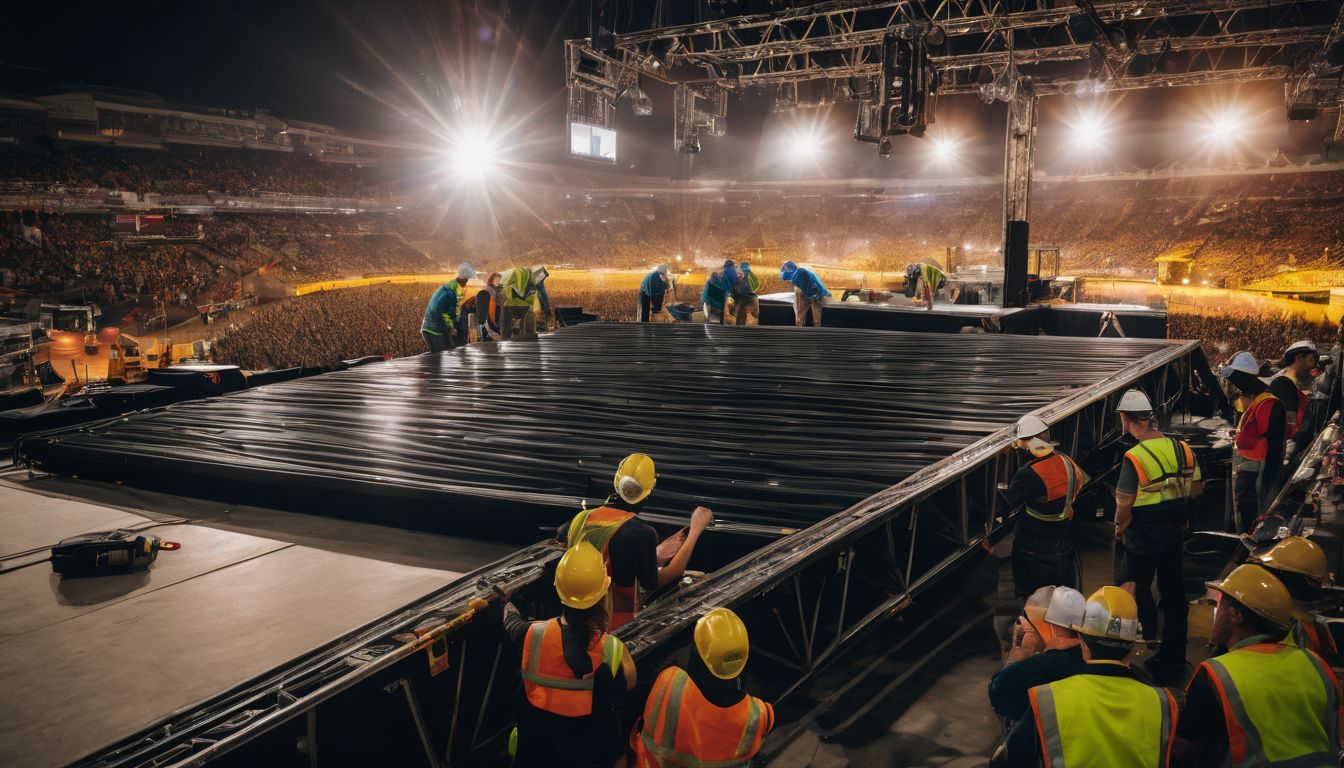 A team of construction workers assembling a truss system on a concert stage.