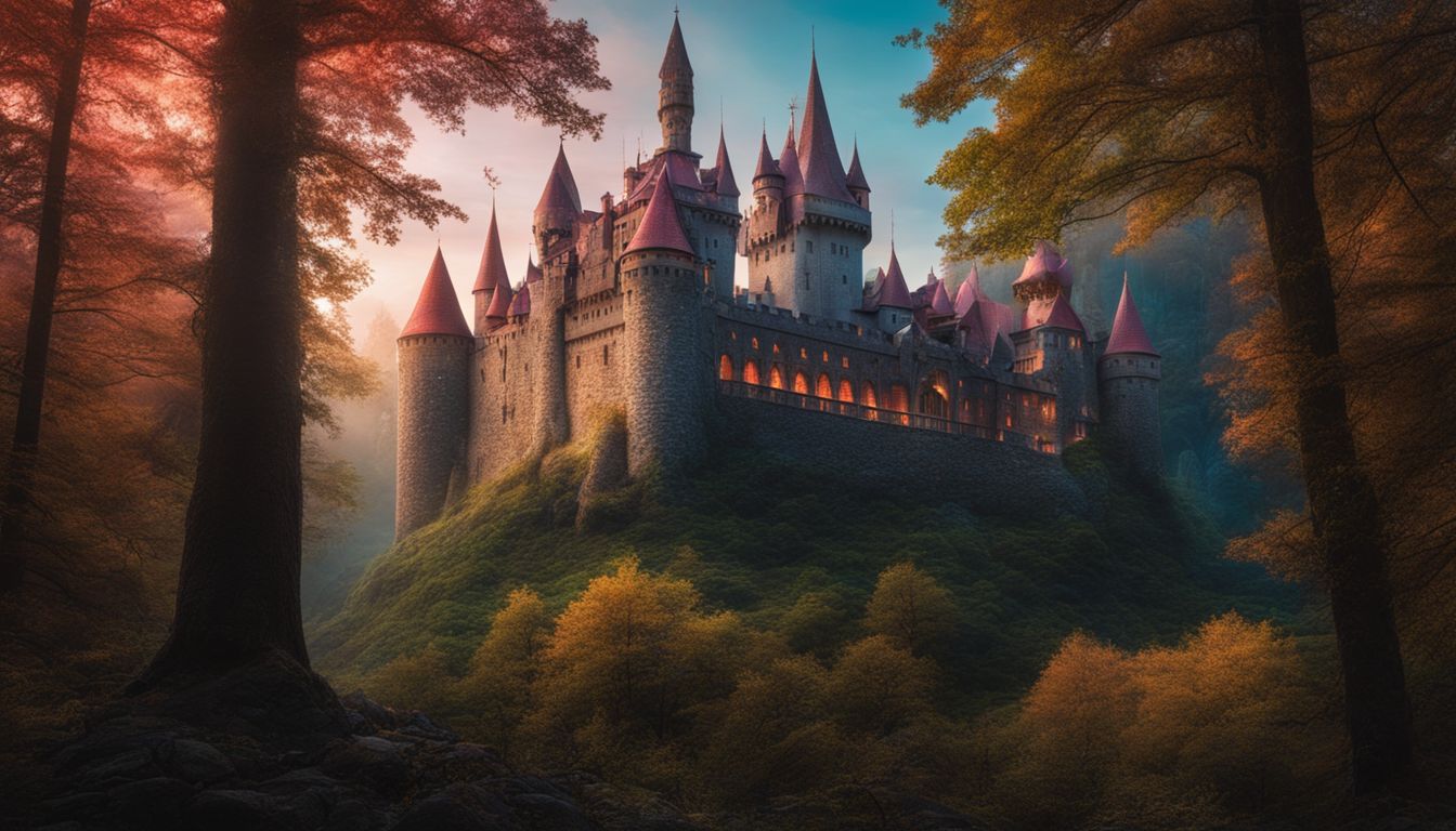 A majestic castle in a magical forest with a bustling atmosphere.