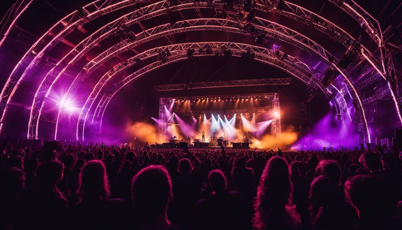A dynamic concert stage with a bustling atmosphere and diverse performers.