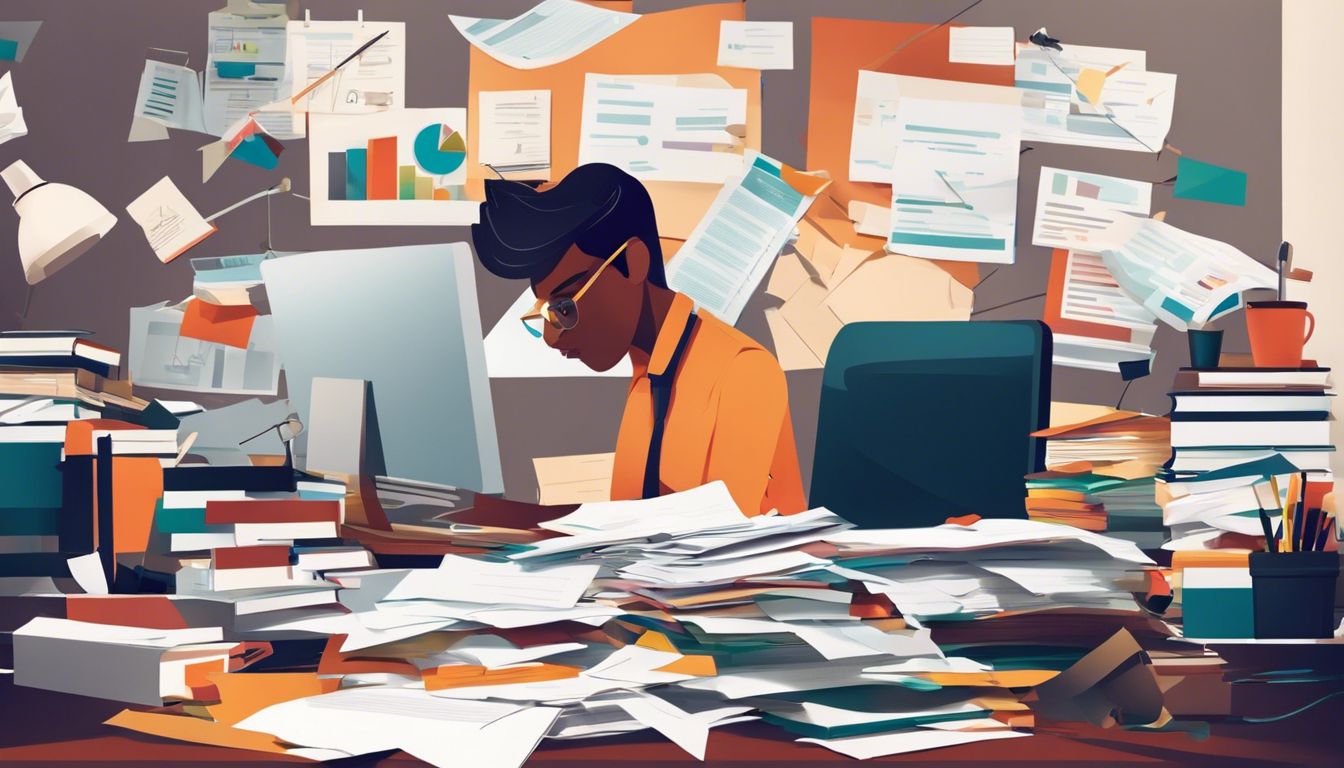 Een persoon werkt in een rommelig kantoor met stapels papierwerk.