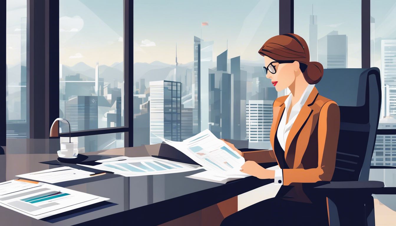 Een zakenvrouw analyseert financiële documenten in een modern kantoor.