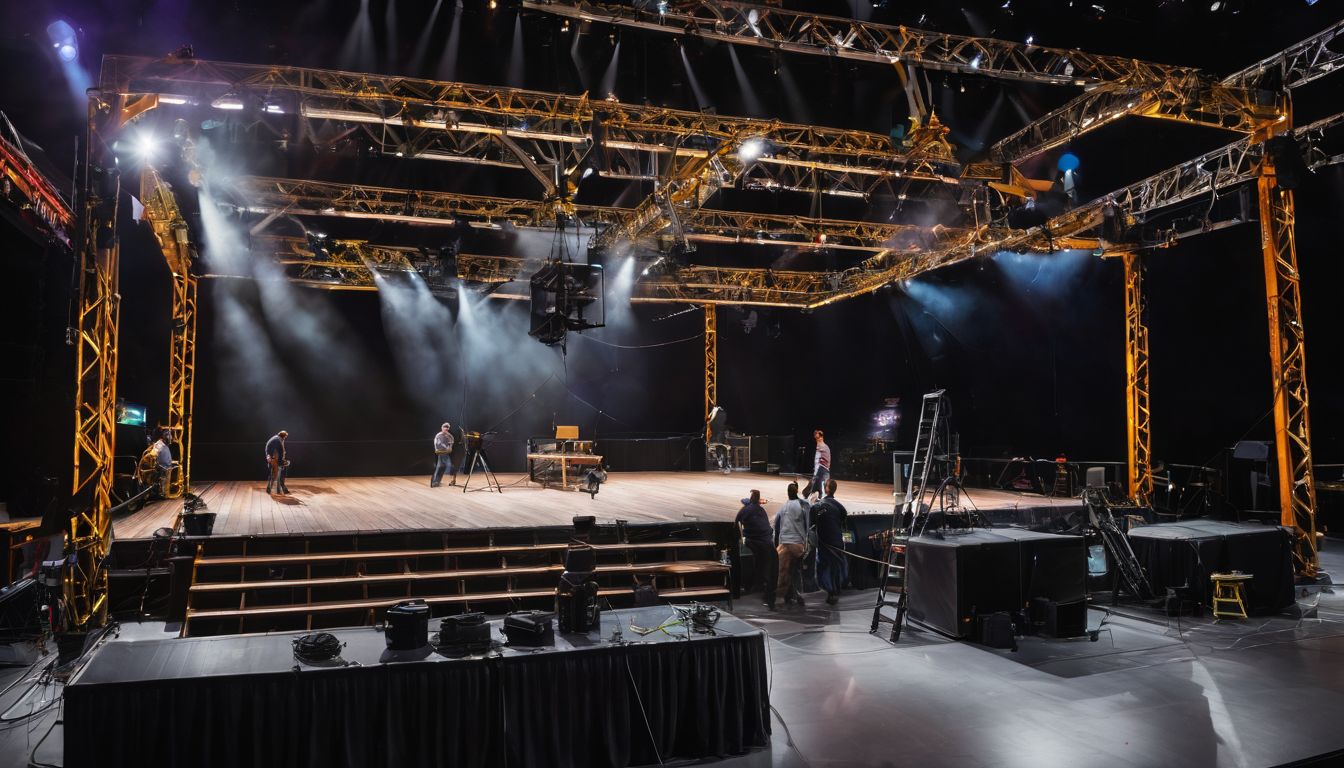 A team of rigging experts setting up trusses and equipment above a stage.