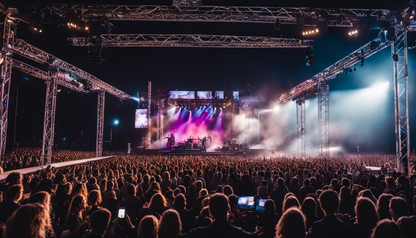 A music festival stage with diverse audience and vibrant atmosphere.
