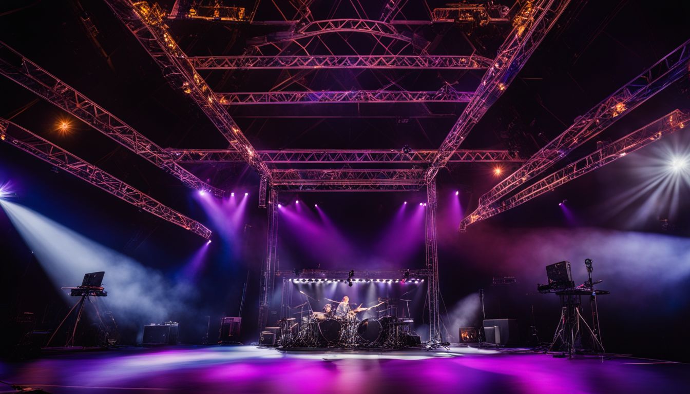 A stage truss system with professional lighting and sound equipment.