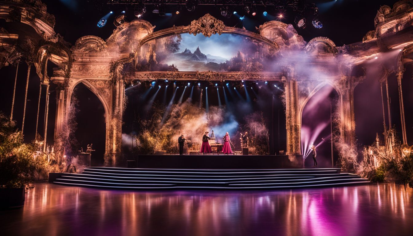 A visually stunning stage set with diverse performers and special effects.