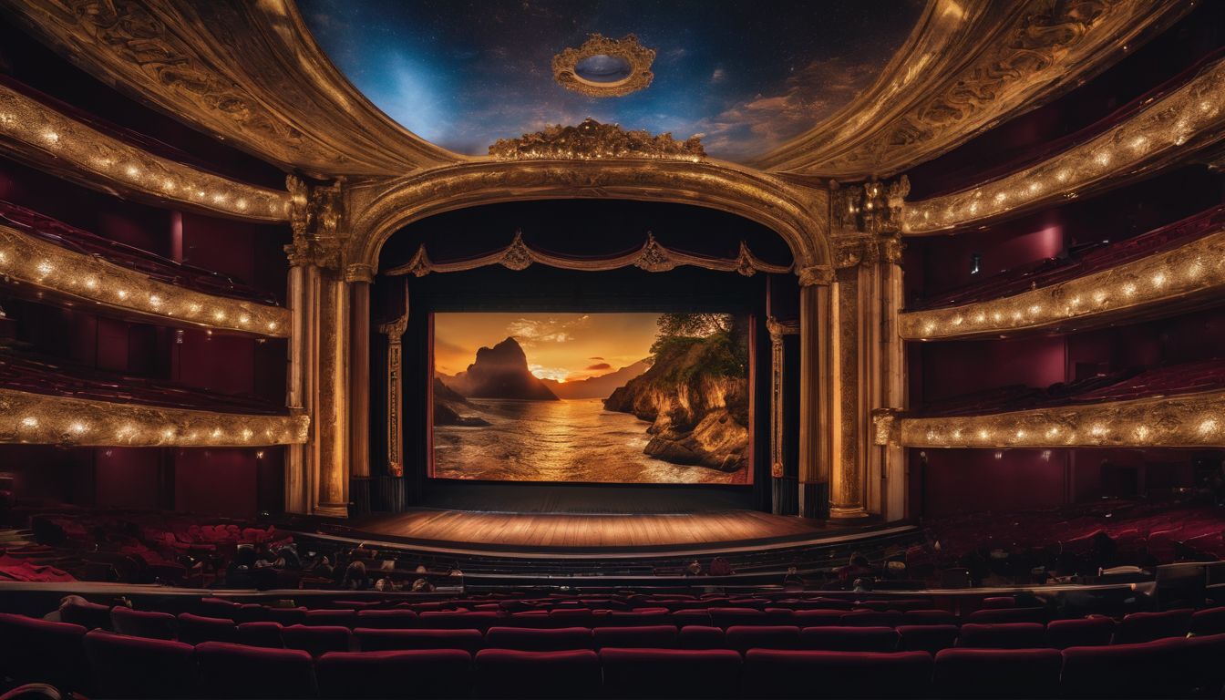 A grand theater stage with elaborate scenic designs and bustling atmosphere.