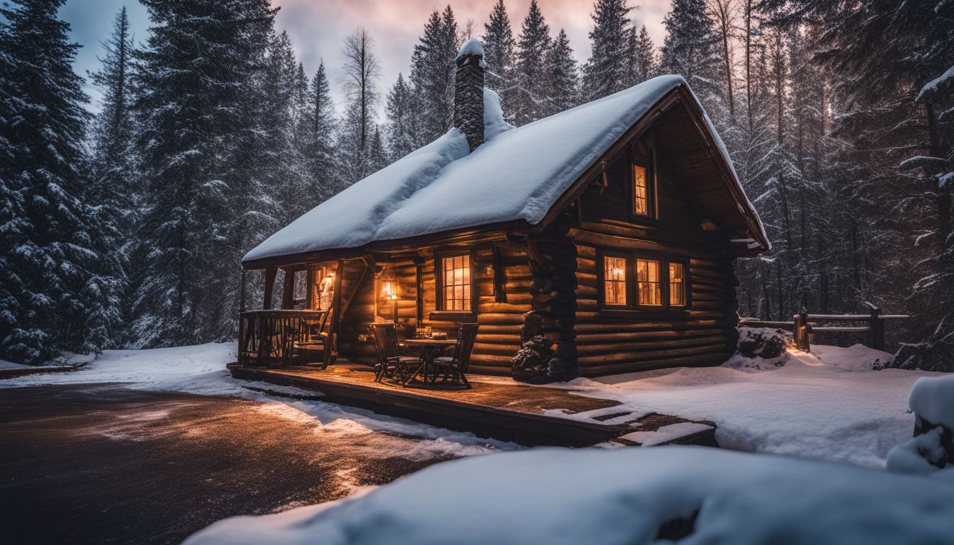 A cozy cabin in a snowy forest with diverse people and styles.