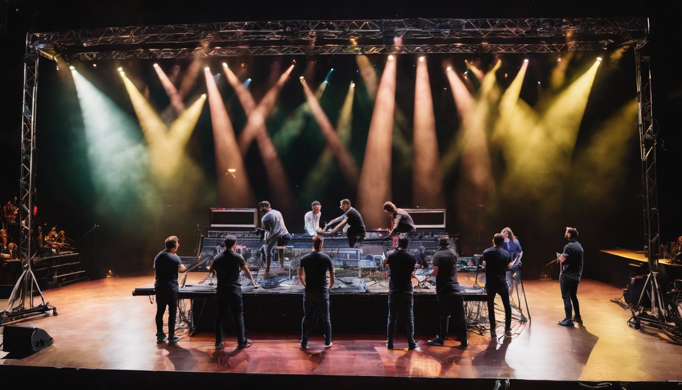 A stage crew assembling a truss setup in a concert venue.