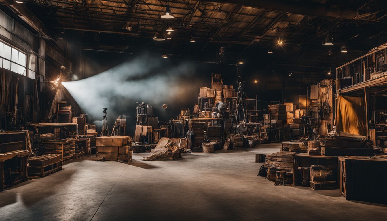 A warehouse filled with various stage scenic elements and props.