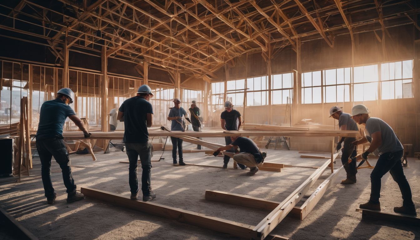 A team of builders assembling trusses in a concert venue.