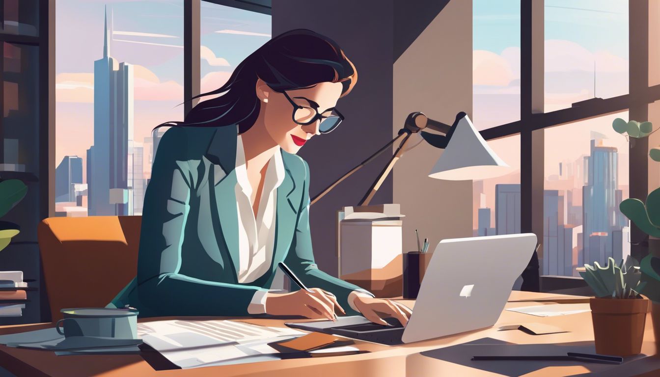 Een vrouw organiseert digitale bestanden op een laptop in een modern kantoor.