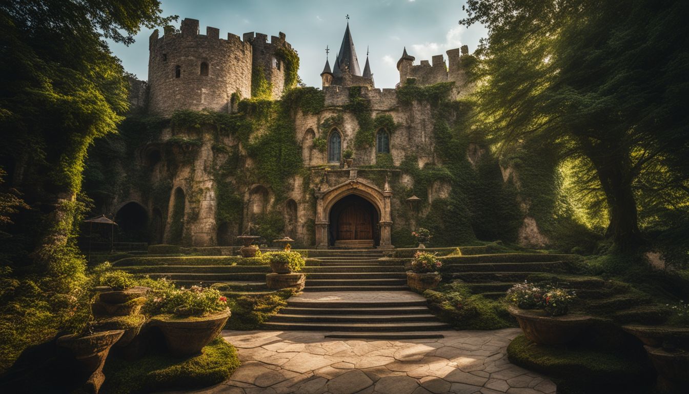 An elaborate stage set of a medieval castle surrounded by lush greenery.