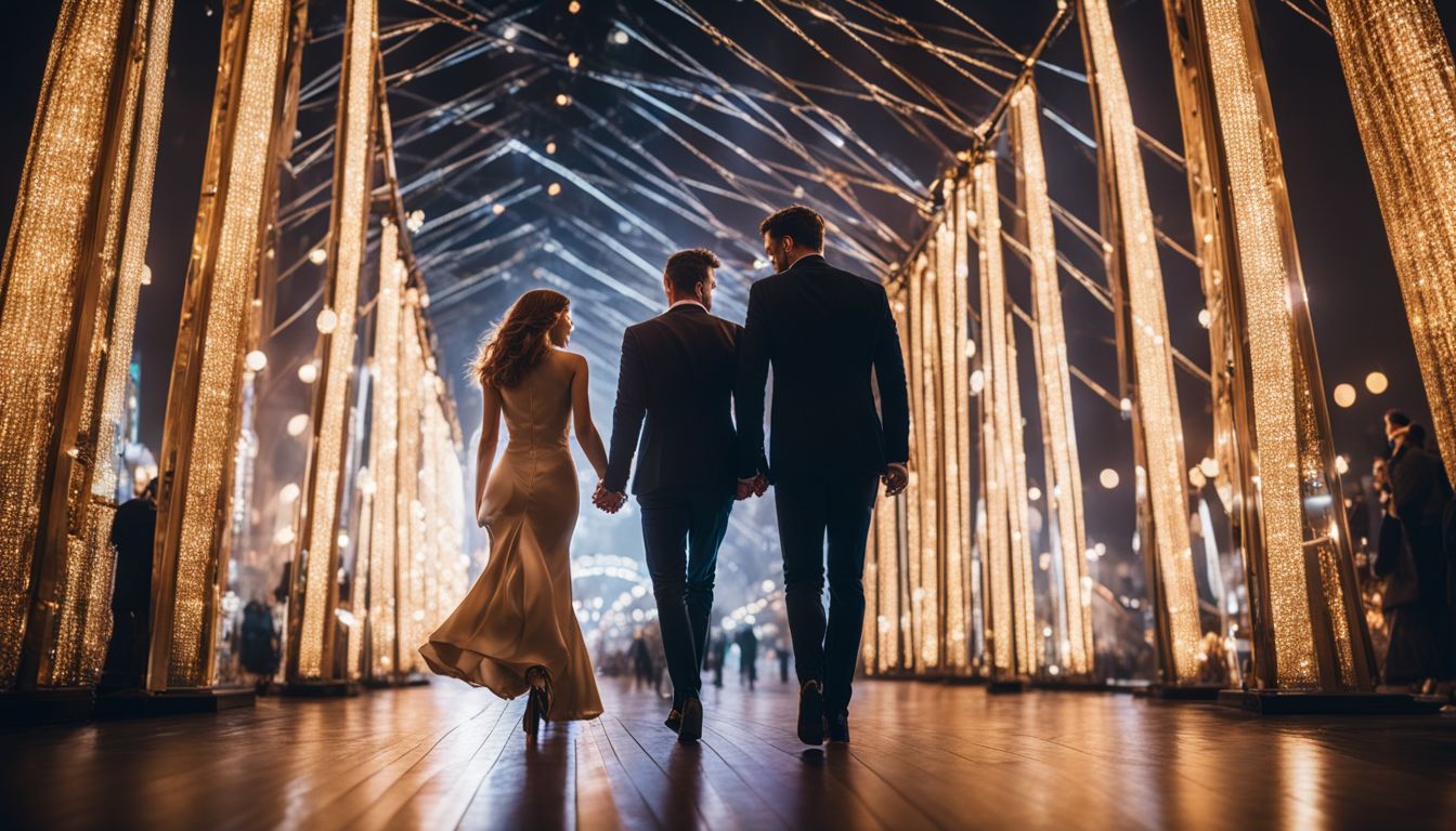 A couple walking through a dazzling city entrance in elegant attire.