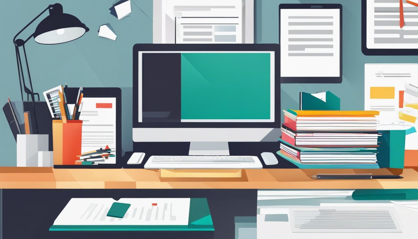 Een georganiseerd kantoorbureau met stapels papierwerk, mappen, pennen en een computer.